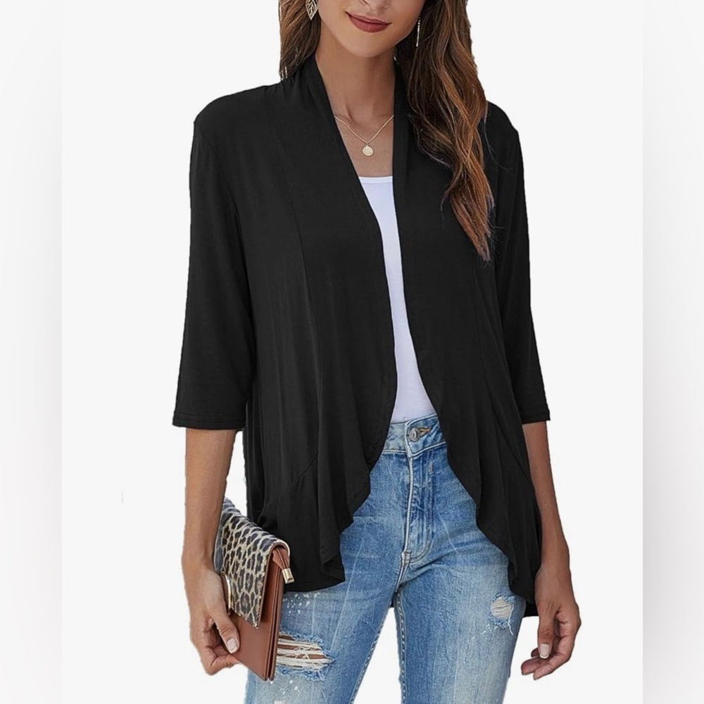 Elegant Black Open Front Cardigan Blazer